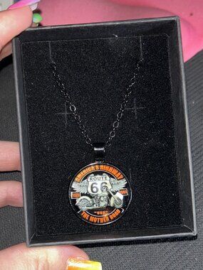 Route 66 America's Highway Motorcycle Pendant Necklace Black Chain NIB